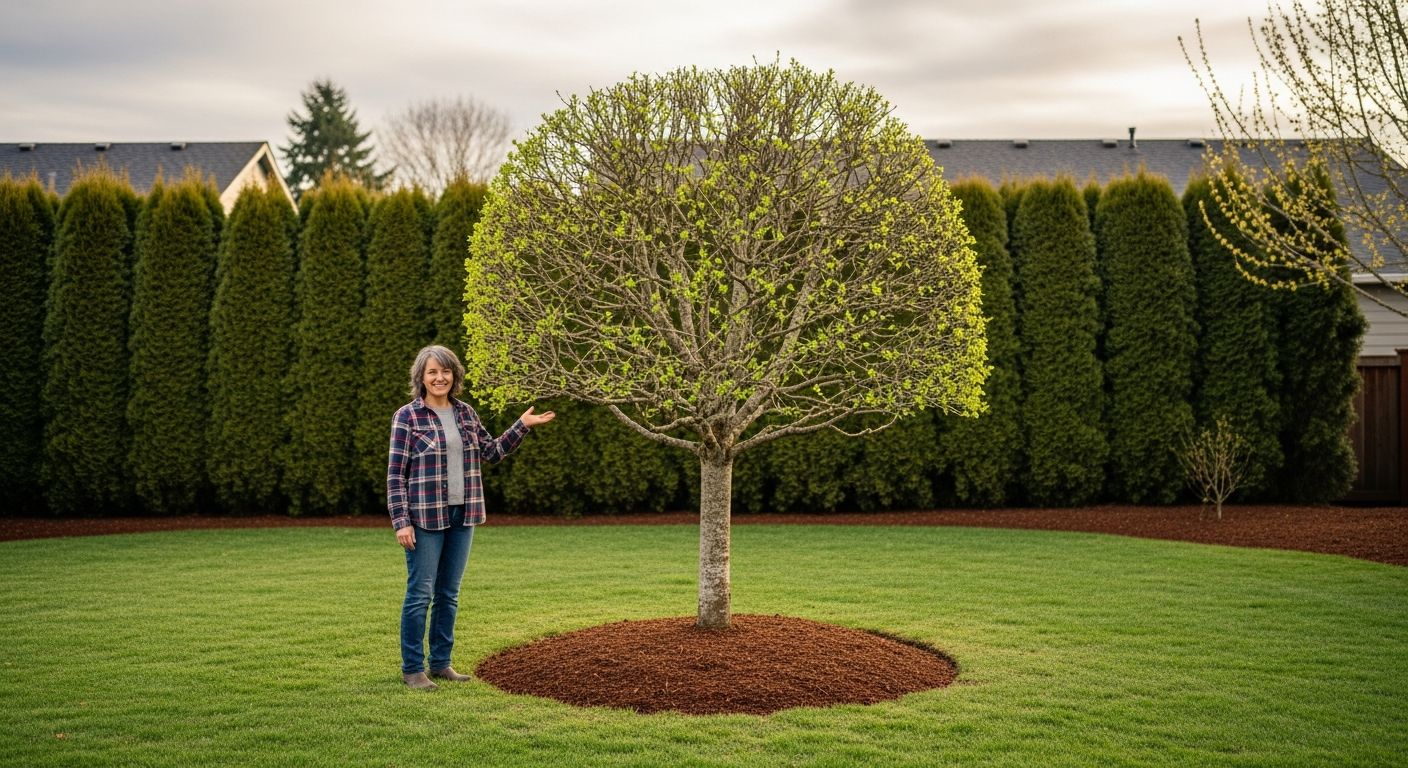 Sperry Tree Care customer admiring her beautifully pruned Oregon white oak after crew cleanup
